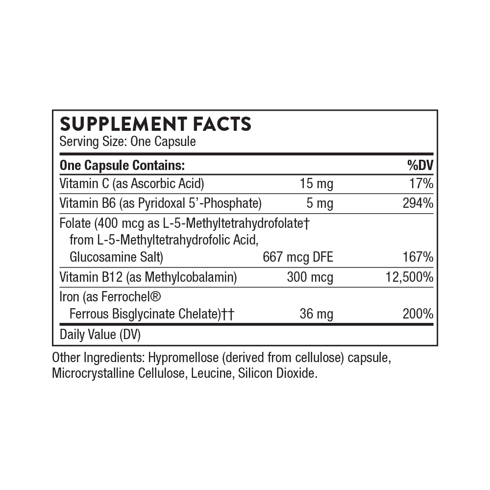 THORNE - Advanced Iron Complex - Complete Blood Support Formula* - Elemental Iron, Folate, B and C Vitamins for Optimal Absorption - Chelated Iron Supplement - Gluten, Dairy & Soy-Free - 60 Capsules